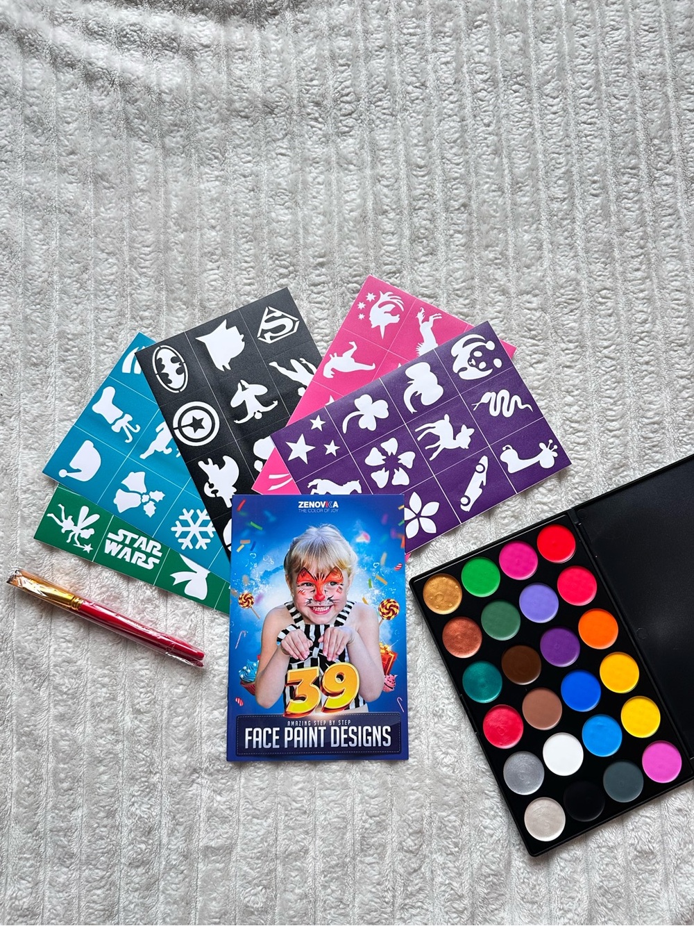FACE PAINT KIT: 24 Paint Colors, Brushes, Stencils, Design Ideas • Kids Adults